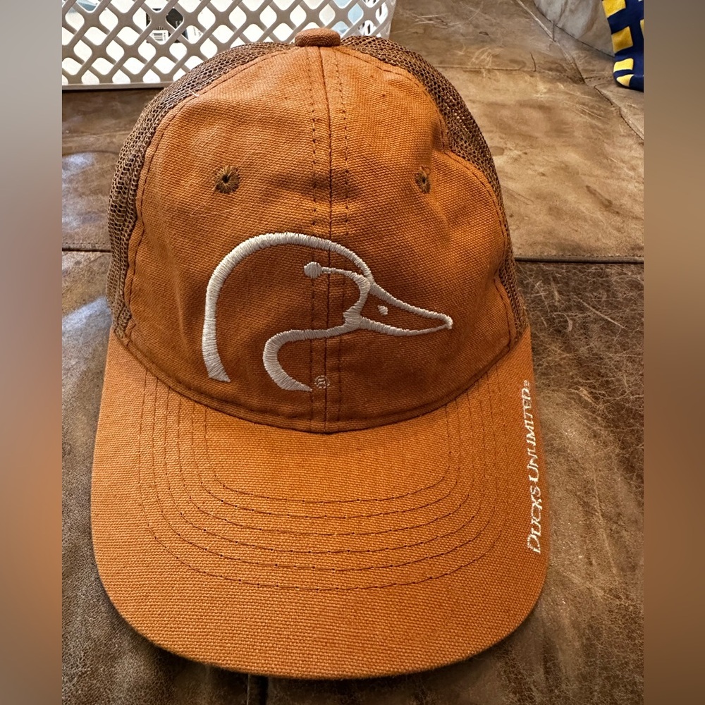 EUC tan Ducks Unlimited hat with breathable back and Velcro closure